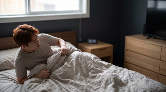 Tired young Asian man sitting up in bed after poor sleep. Morning fatigue and insomnia concept with copy space