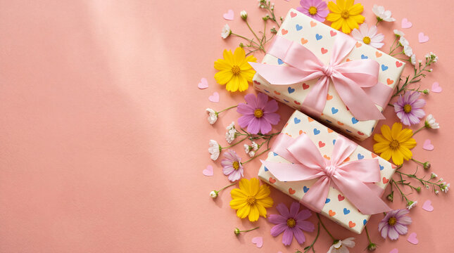 Gift boxes with pink ribbons and vibrant spring flowers arranged on a soft pink background. Perfect for celebrations, birthdays, Mother's Day, and holidays.