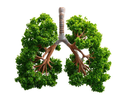 Lungs of Nature: A symbolic representation of the human lungs formed from vibrant green trees and woody branches, merging the concepts of respiratory health and the environment.