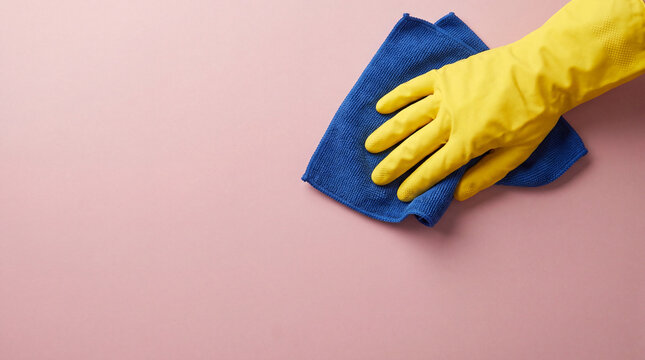 A hand wearing a bright yellow protective rubber glove uses a blue cleaning cloth to wipe a clean pink surface, depicting housework and sanitation.