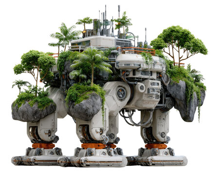 Mechanical Oasis: An imaginative, multi-legged robot striding forward, adorned with lush vegetation, rock formations, and miniature trees, symbolizing a futuristic fusion of technology and nature.