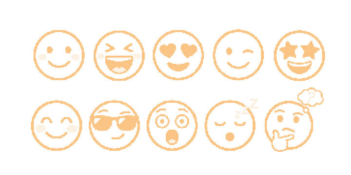 Minimalist emoji line icons set, orange outline emoticons collection of 10 vector faces, cute cartoon smiley symbols for social media feedback