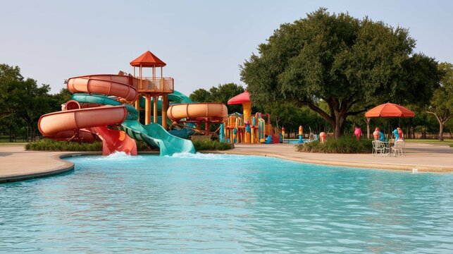 Colorful water slides and play structures in a family-friendly pool area on a sunny day