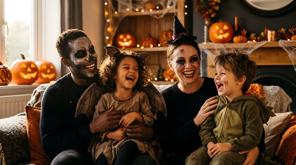 Obraz premium Happy multiracial family celebrating Halloween with costumes and makeup at home