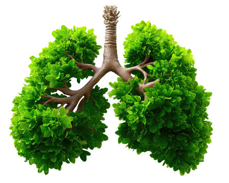 Green Lungs of Nature: A symbolic representation of healthy lungs formed from lush green leaves and tree branches, signifying the vital connection between nature and respiratory health.