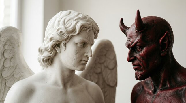 Angel and devil statue facing each other. Symbolic confrontation between good and evil, light and dark. Philosophical duality concept representing moral choice, conflict, and temptation.