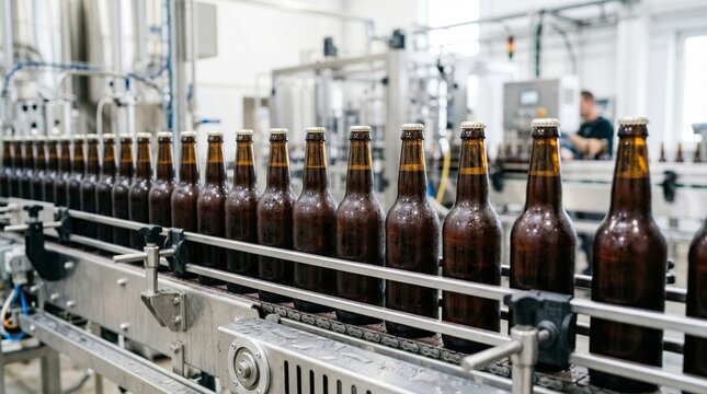 Beer bottles moving on industrial conveyor belt at brewery factory. Manufacturing process of alcoholic beverage production line. Automated food industry and bottling plant facility.