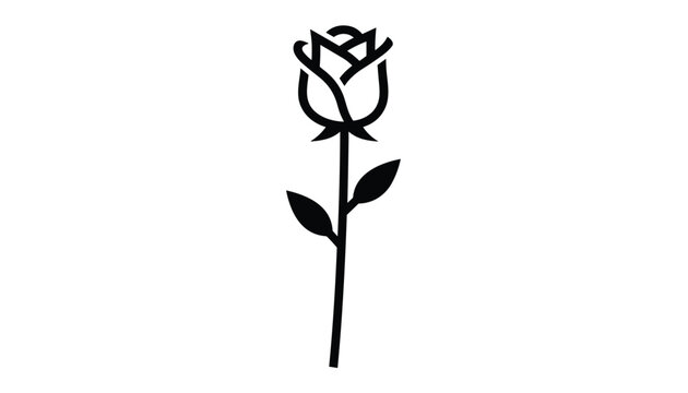 Sleek black stencil vector of a single elegant rose with a long stem and green leaves, isolated on white background.