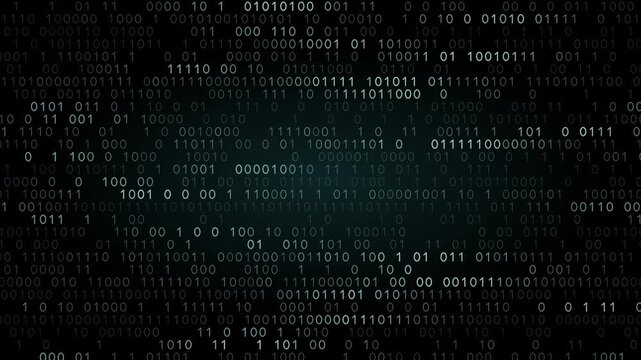 Dynamic binary field animation showcasing flowing streams of binary code in a digital landscape, featuring a dark background with glowing accents in teal and green, creating a futuristic and