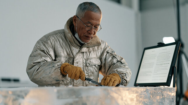 Elderly master ice sculptor in a minimalist studio before a six foot block, teleprompter script of competition narrative to his right, chisel poised at frozen surface,