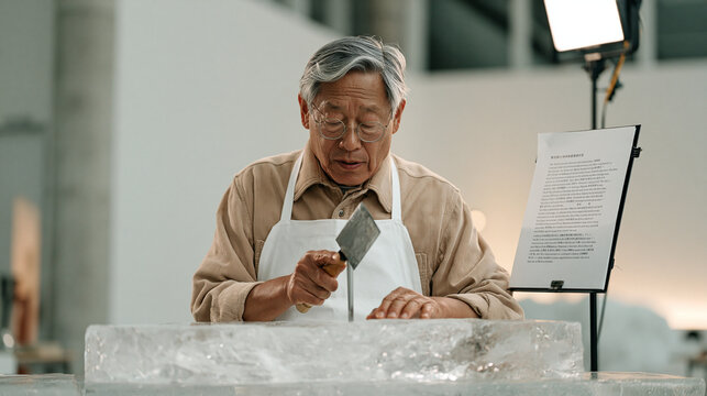 Elderly master ice sculptor in a minimalist studio before a six foot block, teleprompter script of competition narrative to his right, chisel poised at frozen surface,