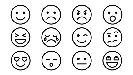 Fototapeta premium Collection of outline emoji and emoticon line icons representing various facial expressions and emotions