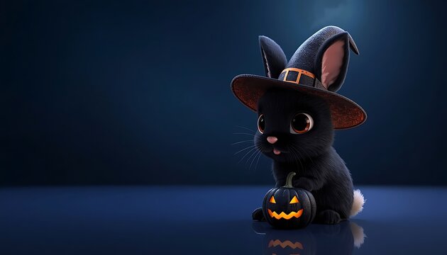 Cute black bunny wearing purple witch hat with halloween pumpkin on dark blue background &ndash; 3D render animal costume concept