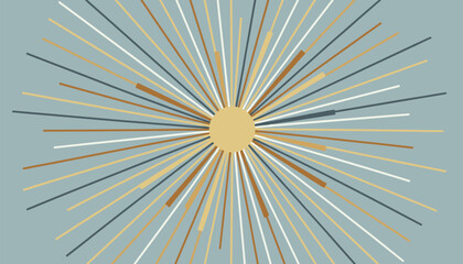 Obraz premium Abstract sunburst design with multicolored lines radiating from a central golden circle on a blue background.