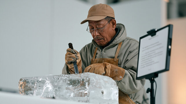 Elderly master ice sculptor in a minimalist studio before a six foot block, teleprompter script of competition narrative to his right, chisel poised at frozen surface,