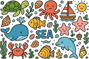 Fototapeta premium Sea Theme Doodle Vector Icon Set
