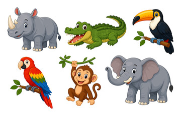 Fototapeta premium Cartoon jungle animals collection with birds and mammals
