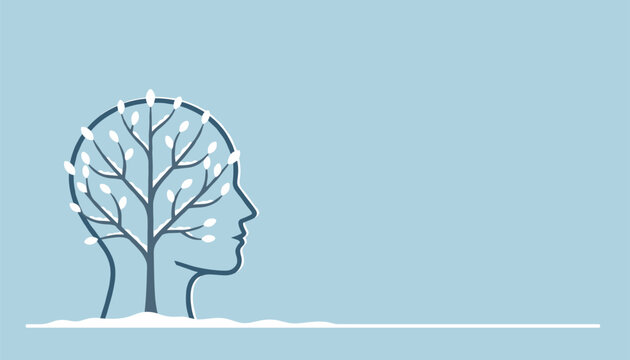 Elegant profile of a human head contains a winter tree with bare branches and snow, symbolizing a calm and quiet mind.