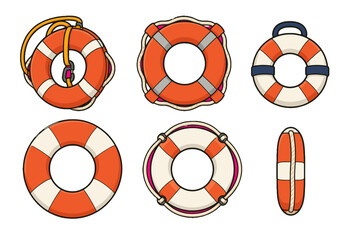 Fototapeta premium Set of orange and white lifebuoy ring vector illustrations