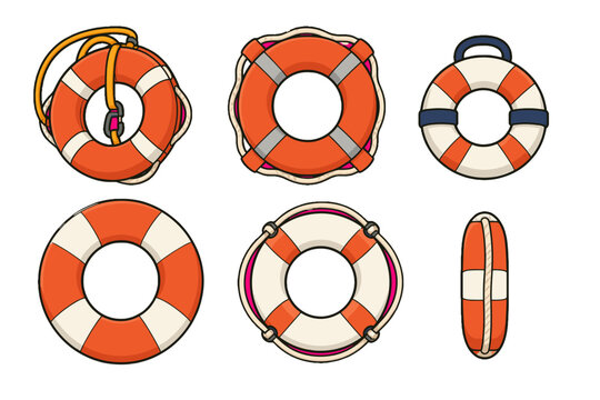 Set of orange and white lifebuoy ring vector illustrations