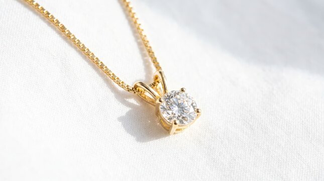 Gold necklace with diamond pendant on white fabric background. Elegant jewelry accessory for wedding or anniversary gift. Close up of luxury gemstone necklace for fashion design.