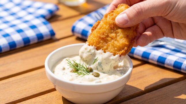Hand of a woman dipping a golden fried fish fillet into a bowl of creamy tartar sauce. Appetizing seafood snack served outdoors. Concept of gourmet food, summer picnic and dining.