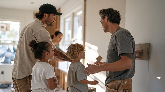 drywall contractor and family homeowner inspecting a freshly hung interior wall in a modest home, the family unit gathered around while a worker smooths joint compound, gradient