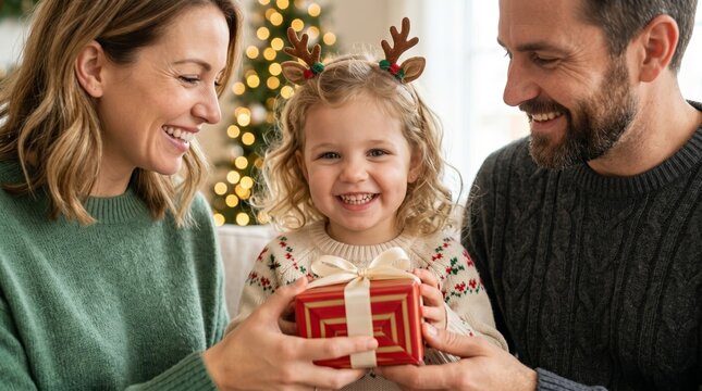 Happy parents giving Christmas present to smiling little girl at home. Caucasian woman and man celebrating holiday with child holding gift. Joyful family winter season gathering time.