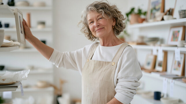 Elderly Etsy artisan in a minimalist studio carefully restocking handmade ceramic shelf displays, deliberate and focused, tissue paper and price tags arranged beside small batch