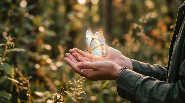 Beautiful blue butterfly resting on human hands in nature, symbolizing freedom, gentleness and connection with wildlife