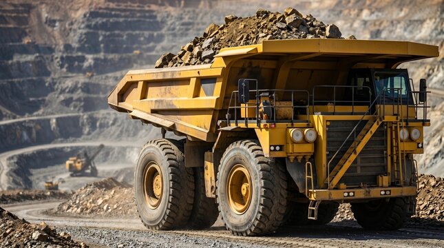 Large yellow haul truck transporting rock in open pit mine. Heavy machinery working in quarry for earthmoving operation. Mining industry equipment for mineral extraction and construction.
