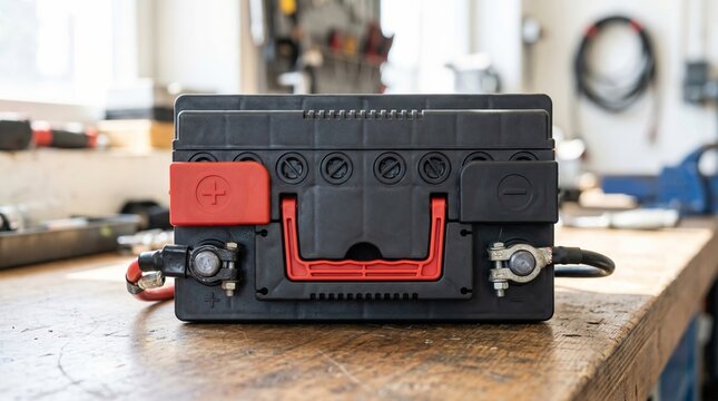 Lead acid battery for vehicle engine sitting on workbench in workshop. Car power supply equipment for automotive maintenance. Electrical energy storage device for car starting system.