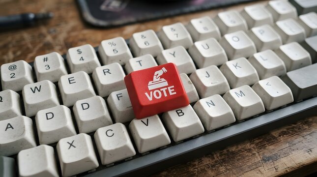 Red vote key on a computer keyboard, representing online voting, digital democracy, and eelections