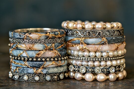 Stack of antique bohemian bracelets and bangles featuring freshwater pearls, natural stones, and intricate silver filigree details