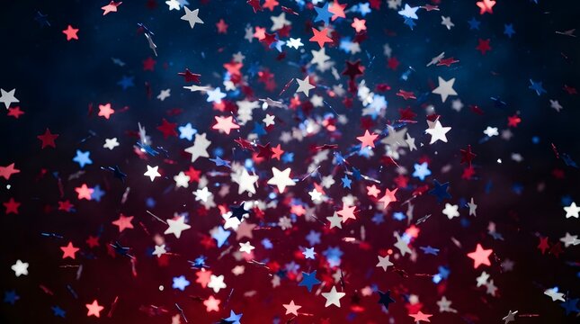 Red white and blue star confetti falling on a dark patriotic background for 4th of july, independence day, and american celebrations