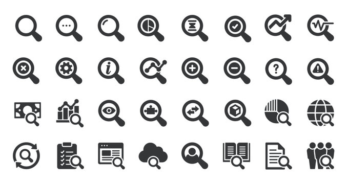 Search glyph solid icons collection. Containing analysis, troubleshooting, tracking, find. For website marketing design, logo, app, template, ui, etc. Vector illustration