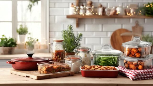 Festive holiday buffet with assorted homemade dishes and winter decorations jars and containers with prepped Christmas dishes ready to be heated organized kitchen counter