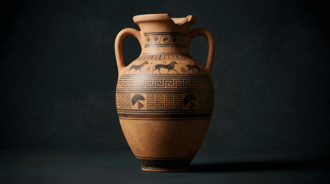 Ancient terracotta amphora vessel with black horse pattern decoration, ideal for historical designs, pottery collections, and art references.