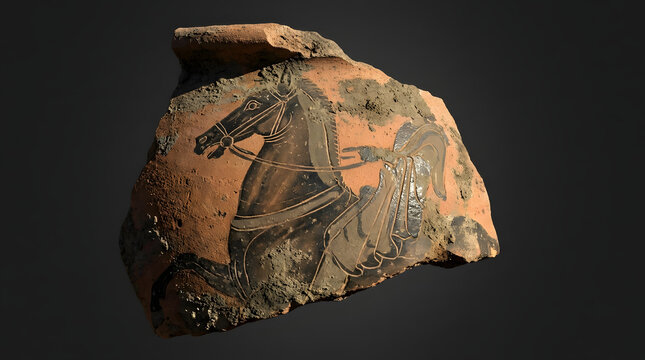 Ancient greek black figure pottery sherd with horse rider, perfect for historical presentations, archaeology articles, and educational resources.