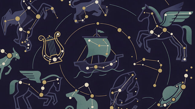 Celestial artwork featuring constellations, stars, a ship, lyre, winged horses, zodiac signs, and night sky. Ideal for astrology designs.