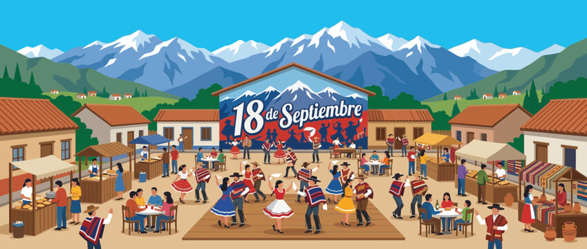 Chilean Independence Day Celebration with Traditional Cueca Dancing and Market