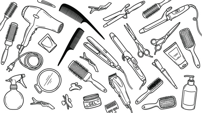 Hairdressing and salon equipment seamless pattern set with hair dryer curling iron hair straightener scissors combs line art sketch vector illustration