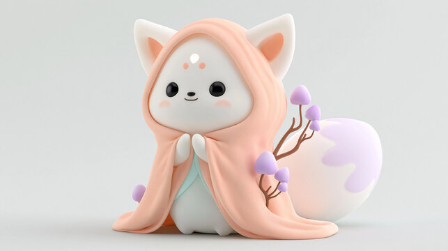 Adorable kawaii fox character wrapped in a soft pastel cloak with mushrooms.
