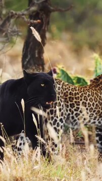 Black panther walking alongside a spotted leopard in the wild savanna grass during daytime motion footage captured for documentary cinematic projects featuring majestic big cats moving gracefully thro
