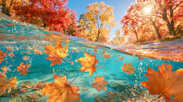 Split shot of clear blue water with underwater autumn maple leaves and vibrant fall foliage forest under sunny sky