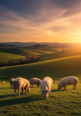 Fototapeta premium Golden Hour Grazing: A Symphony of Rolling Hills and Serene Swine