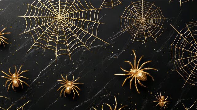 Golden spiders crawling on webs against dark background spooky Halloween concept Many Black spiders and web shapes Halloween celebration theme