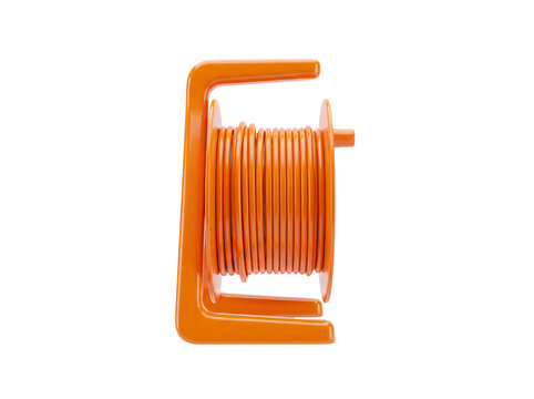 3D Bright orange coiled extension cord on a wooden reel isolated on transparent background
