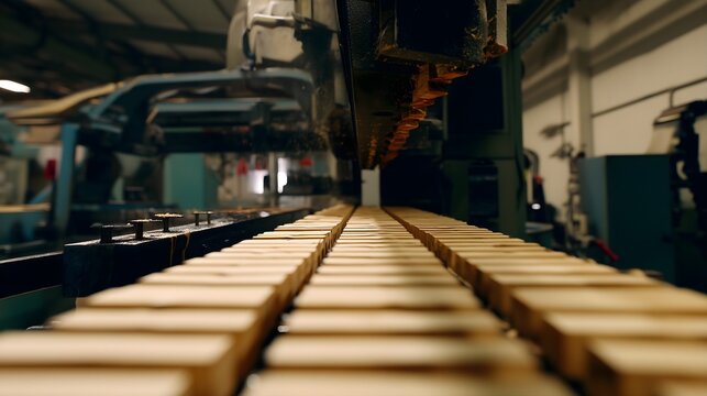 Heavy wooden timber log being sawn into lumber boards  in modern automated sawmill