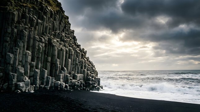 Reynisfjara basalt columns on black sand beach with ocean waves and moody gray sky, suitable for travel and nature themes.